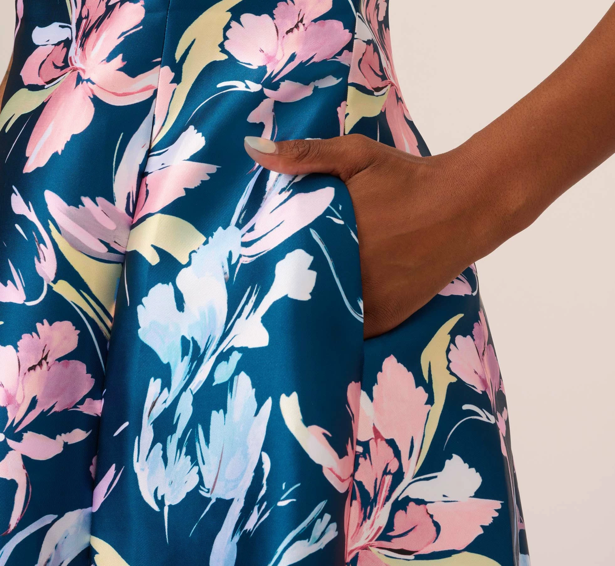 Adrianna Papell Floral Print Mikado Short High Low Fit-And-Flare Dress In Navy Multi 5 Adrianna Papell Floral Print Mikado Short High Low Fit-And-Flare Dress In Navy Multi - Image 5