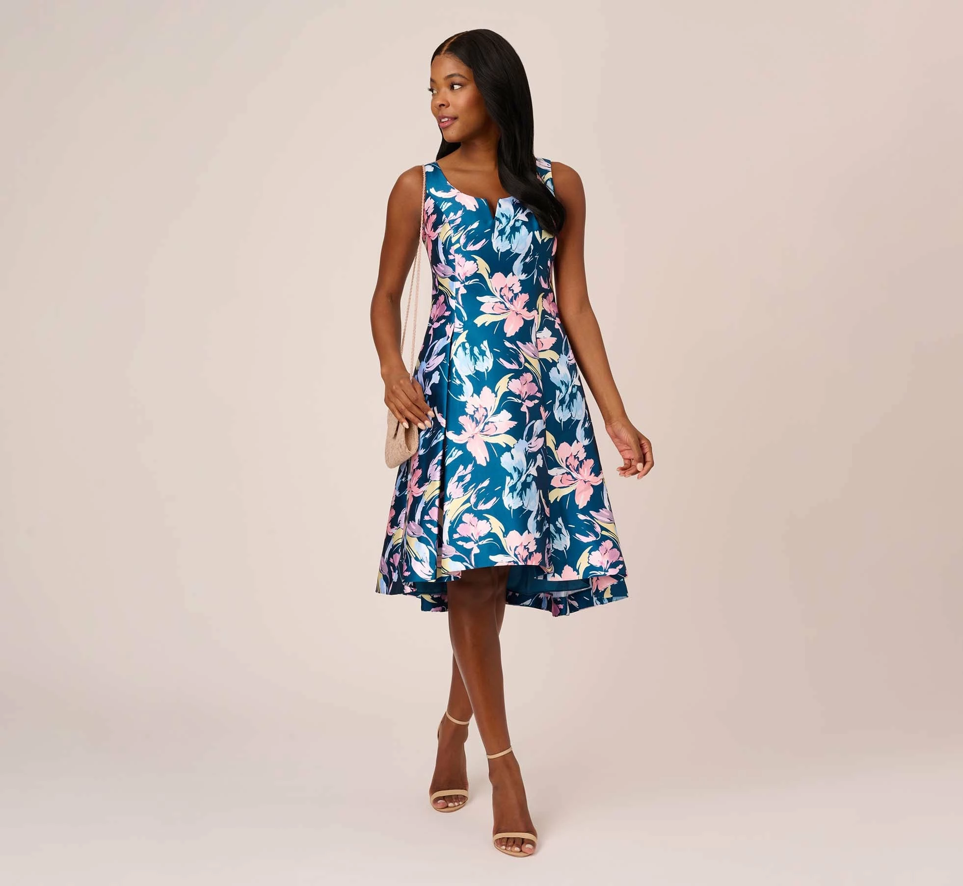 Adrianna Papell Floral Print Mikado Short High Low Fit-And-Flare Dress In Navy Multi 2 Adrianna Papell Floral Print Mikado Short High Low Fit-And-Flare Dress In Navy Multi - Image 2