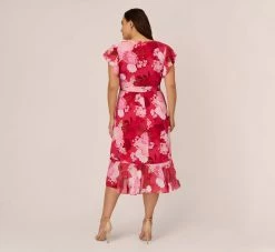 Adrianna Papell Plus Size Floral Print Smocked Chiffon Short Dress In Pink Multi -Adrianna Papell Shop AP1D104963 AE970 Plus Back