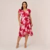 Adrianna Papell Plus Size Floral Print Smocked Chiffon Short Dress In Pink Multi
