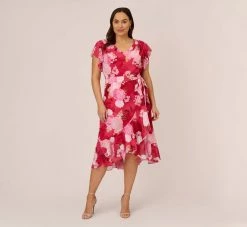 Adrianna Papell Plus Size Floral Print Smocked Chiffon Short Dress In Pink Multi