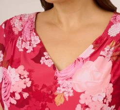 Adrianna Papell Plus Size Floral Print Smocked Chiffon Short Dress In Pink Multi -Adrianna Papell Shop AP1D104963 AE970 Plus Detail