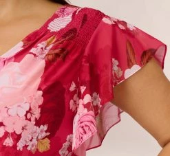 Adrianna Papell Plus Size Floral Print Smocked Chiffon Short Dress In Pink Multi -Adrianna Papell Shop AP1D104963 AE970 Plus Lifestyle
