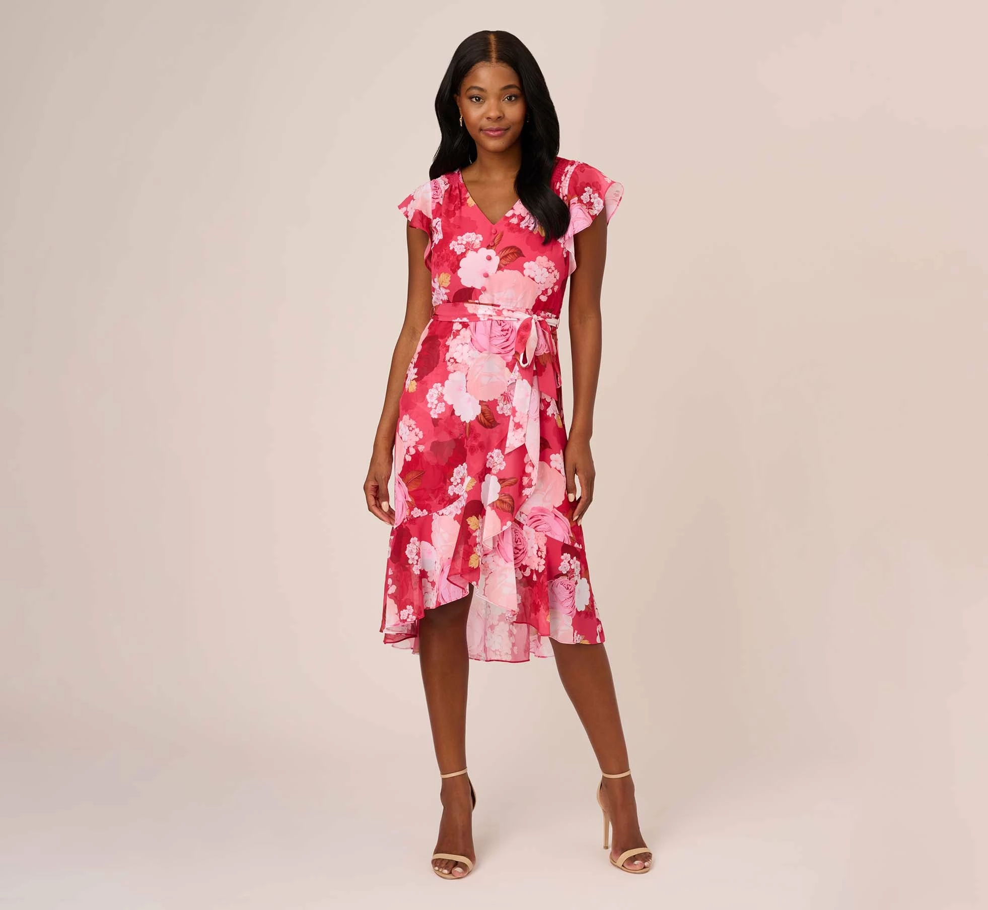 Adrianna Papell Floral Print Smocked Chiffon Short Dress In Pink Multi 2 Adrianna Papell Floral Print Smocked Chiffon Short Dress In Pink Multi - Image 2
