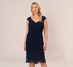 Adrianna Papell Plus Size Chiffon And Jersey Flounce Draped Dress With Pleated Details In Midnight