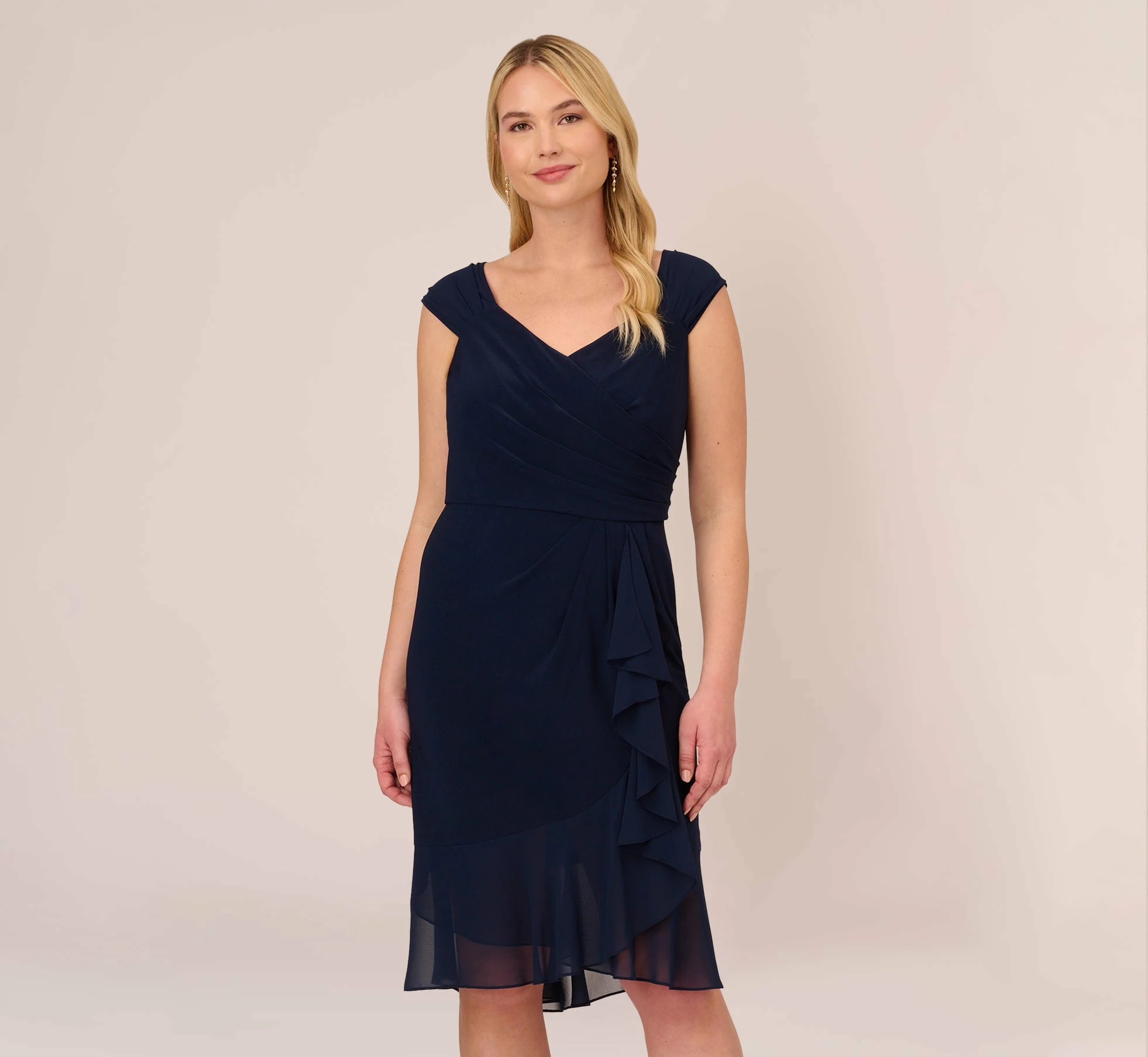 Adrianna Papell Plus Size Chiffon And Jersey Flounce Draped Dress With Pleated Details In Midnight 1 Adrianna Papell Plus Size Chiffon And Jersey Flounce Draped Dress With Pleated Details In Midnight