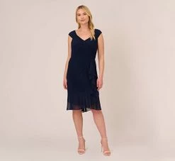 Adrianna Papell Plus Size Chiffon And Jersey Flounce Draped Dress With Pleated Details In Midnight 12 Adrianna Papell Plus Size Chiffon And Jersey Flounce Draped Dress With Pleated Details In Midnight -Adrianna Papell Shop AP1D104977 AB411 Plus Front