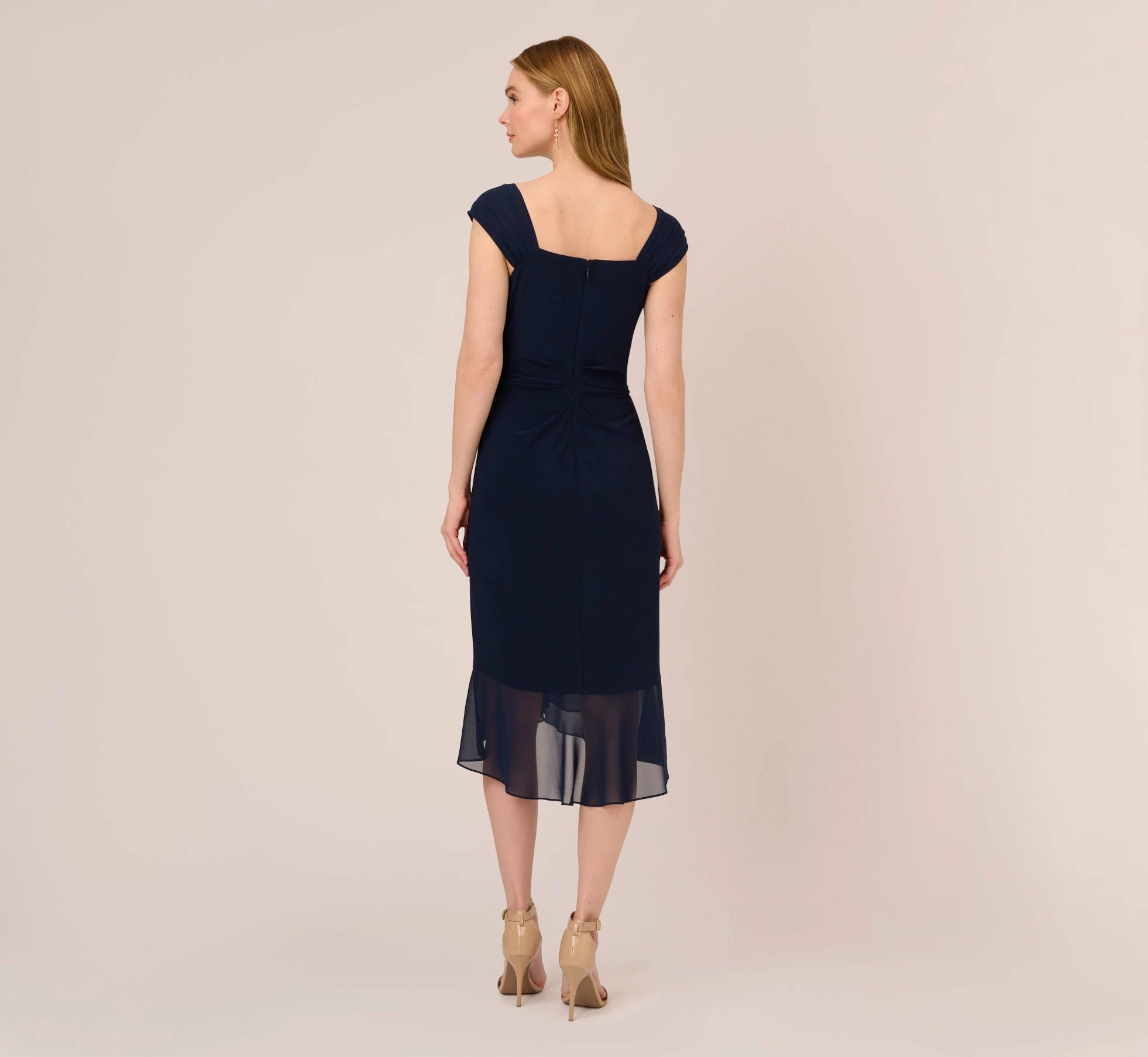 Adrianna Papell Chiffon And Jersey Flounce Draped Dress With Pleated Details In Midnight 3 Adrianna Papell Chiffon And Jersey Flounce Draped Dress With Pleated Details In Midnight - Image 3