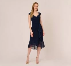 Adrianna Papell Chiffon And Jersey Flounce Draped Dress With Pleated Details In Midnight