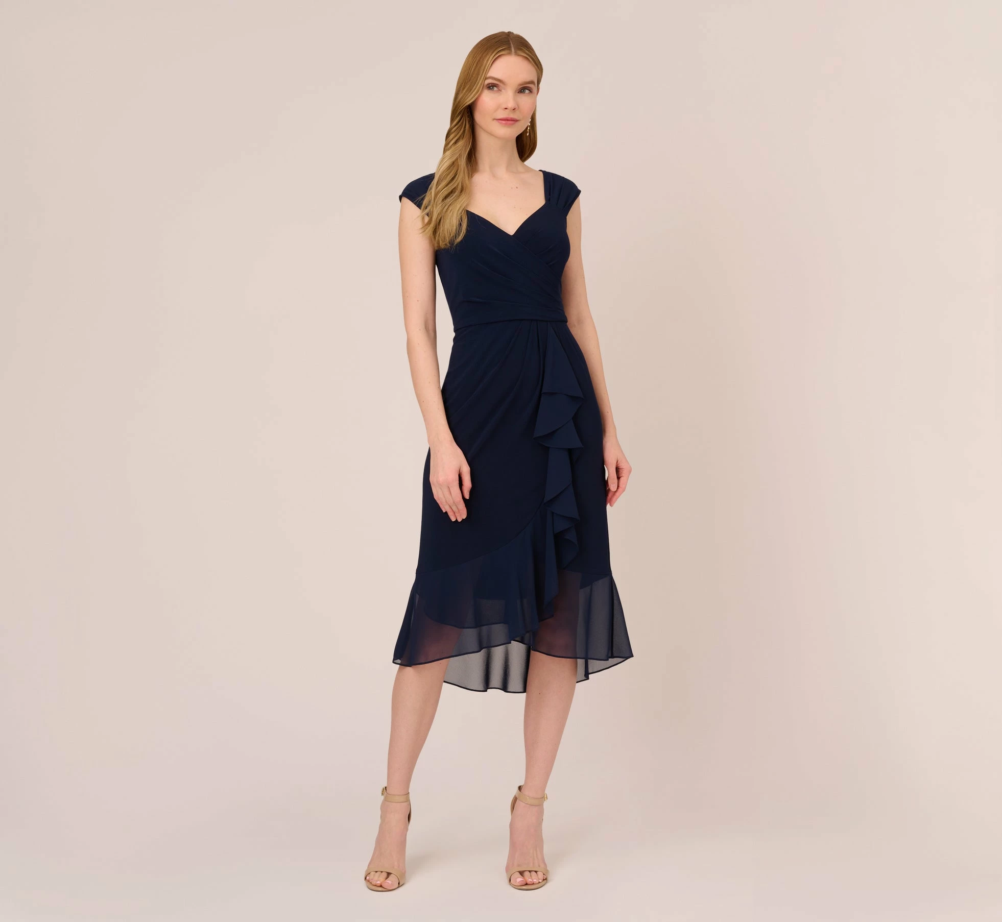 Adrianna Papell Chiffon And Jersey Flounce Draped Dress With Pleated Details In Midnight 1 Adrianna Papell Chiffon And Jersey Flounce Draped Dress With Pleated Details In Midnight