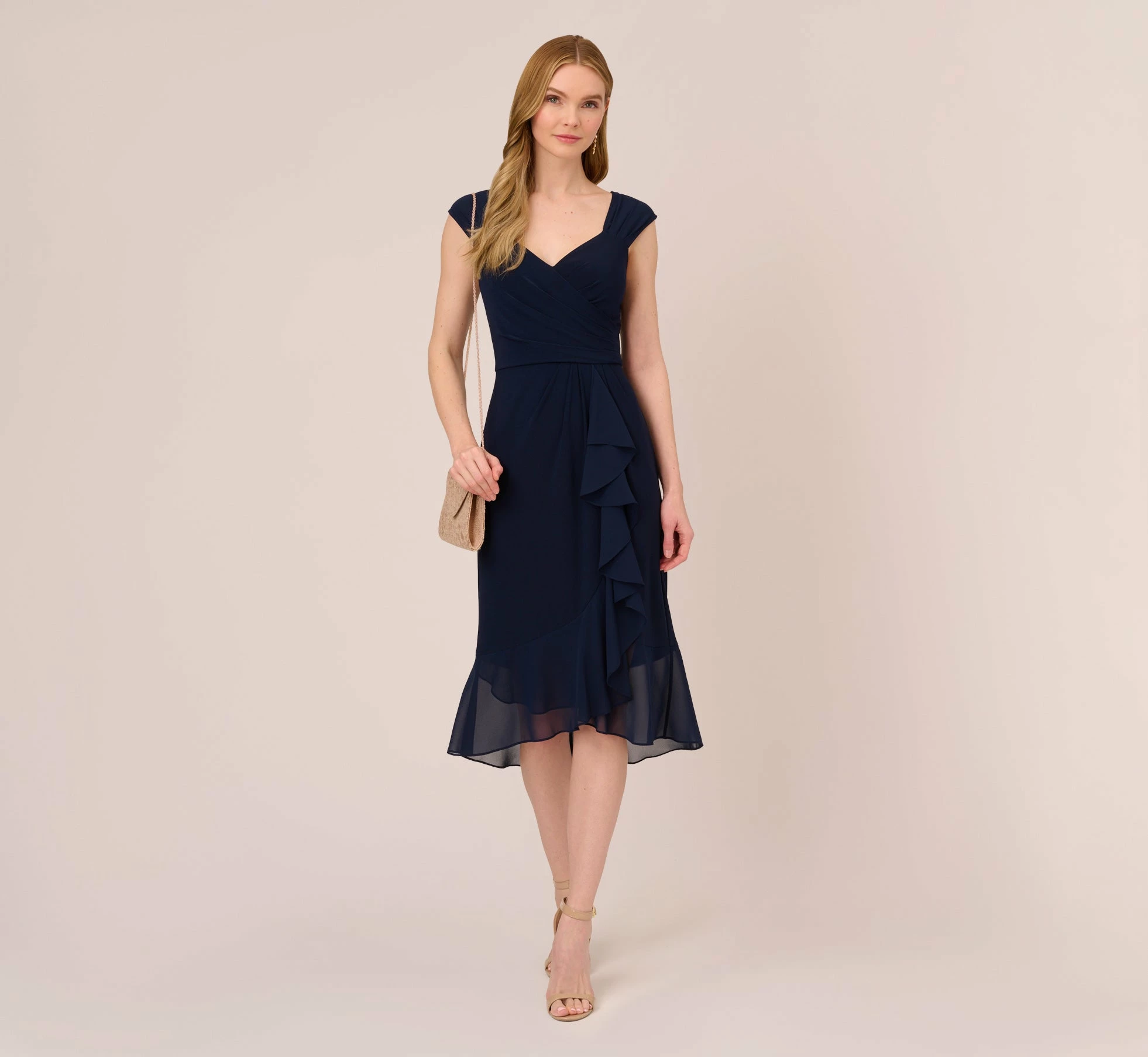 Adrianna Papell Chiffon And Jersey Flounce Draped Dress With Pleated Details In Midnight 2 Adrianna Papell Chiffon And Jersey Flounce Draped Dress With Pleated Details In Midnight - Image 2
