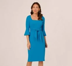 Adrianna Papell Stretch Knit Crepe Tie-Front Midi-Length Sheath Dress In Deep Cerulean