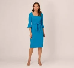 Adrianna Papell Stretch Knit Crepe Tie-Front Midi-Length Sheath Dress In Deep Cerulean -Adrianna Papell Shop AP1D104978 AB431 Regular Front