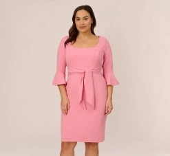 Adrianna Papell Plus Size Stretch Knit Crepe Tie-Front Midi-Length Sheath Dress In Faded Rose