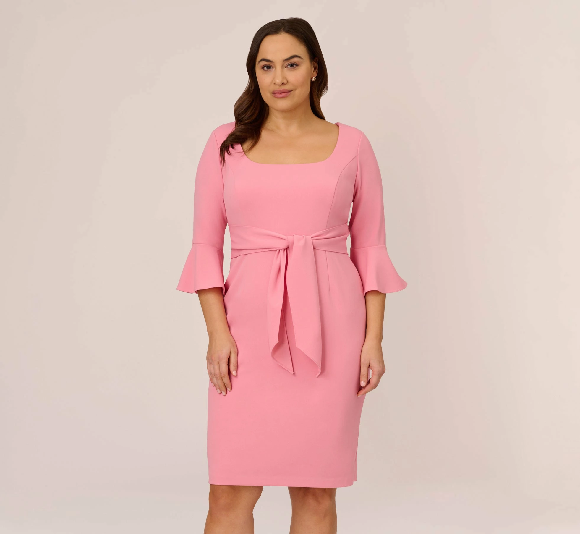 Adrianna Papell Plus Size Stretch Knit Crepe Tie-Front Midi-Length Sheath Dress In Faded Rose 1 Adrianna Papell Plus Size Stretch Knit Crepe Tie-Front Midi-Length Sheath Dress In Faded Rose