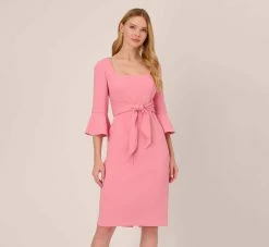 Adrianna Papell Stretch Knit Crepe Tie-Front Midi-Length Sheath Dress In Faded Rose