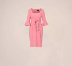 Adrianna Papell Stretch Knit Crepe Tie-Front Midi-Length Sheath Dress In Faded Rose -Adrianna Papell Shop AP1D104978 AK660 Regular Flat