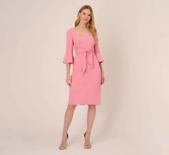 Adrianna Papell Stretch Knit Crepe Tie-Front Midi-Length Sheath Dress In Faded Rose -Adrianna Papell Shop AP1D104978 AK660 Regular Front