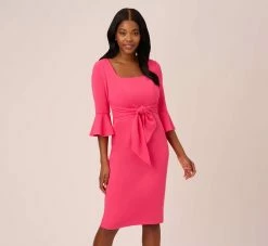 Adrianna Papell Stretch Knit Crepe Tie-Front Midi-Length Sheath Dress In Camellia