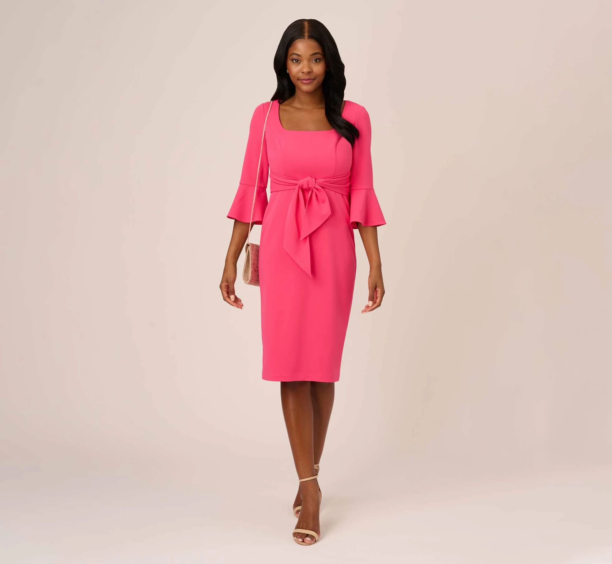 Adrianna Papell Stretch Knit Crepe Tie-Front Midi-Length Sheath Dress In Camellia 2 Adrianna Papell Stretch Knit Crepe Tie-Front Midi-Length Sheath Dress In Camellia - Image 2