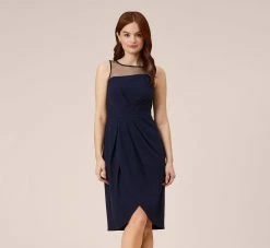 Adrianna Papell Stretch Knit Crepe Draped Illusion Short Faux Wrap Dress In Midnight