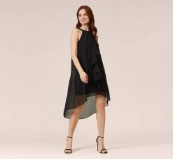 Adrianna Papell Chiffon And Stretch Jersey Short Pull On Dress With Ruffle In Black