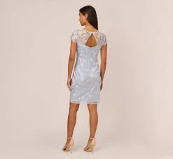 Adrianna Papell Floral Embroidered Sheath Dress With Short Sleeves In Blue Breeze -Adrianna Papell Shop AP1D104993 AD497 Regular Back