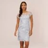 Adrianna Papell Floral Embroidered Sheath Dress With Short Sleeves In Blue Breeze