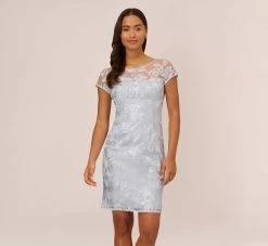 Adrianna Papell Floral Embroidered Sheath Dress With Short Sleeves In Blue Breeze