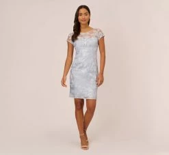 Adrianna Papell Floral Embroidered Sheath Dress With Short Sleeves In Blue Breeze -Adrianna Papell Shop AP1D104993 AD497 Regular Front