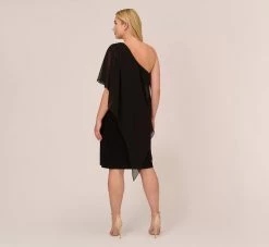 Adrianna Papell Plus Size One Shoulder Dress With Chiffon Cape In Black -Adrianna Papell Shop AP1D104997 AA002 Plus Back