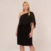 Adrianna Papell Plus Size One Shoulder Dress With Chiffon Cape In Black