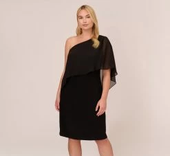 Adrianna Papell Plus Size One Shoulder Dress With Chiffon Cape In Black