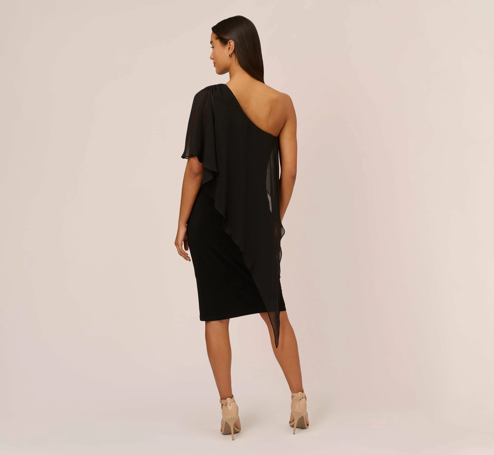 Adrianna Papell One Shoulder Dress With Chiffon Cape In Black 4 Adrianna Papell One Shoulder Dress With Chiffon Cape In Black - Image 4