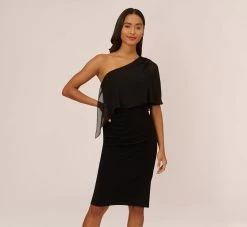 Adrianna Papell One Shoulder Dress With Chiffon Cape In Black
