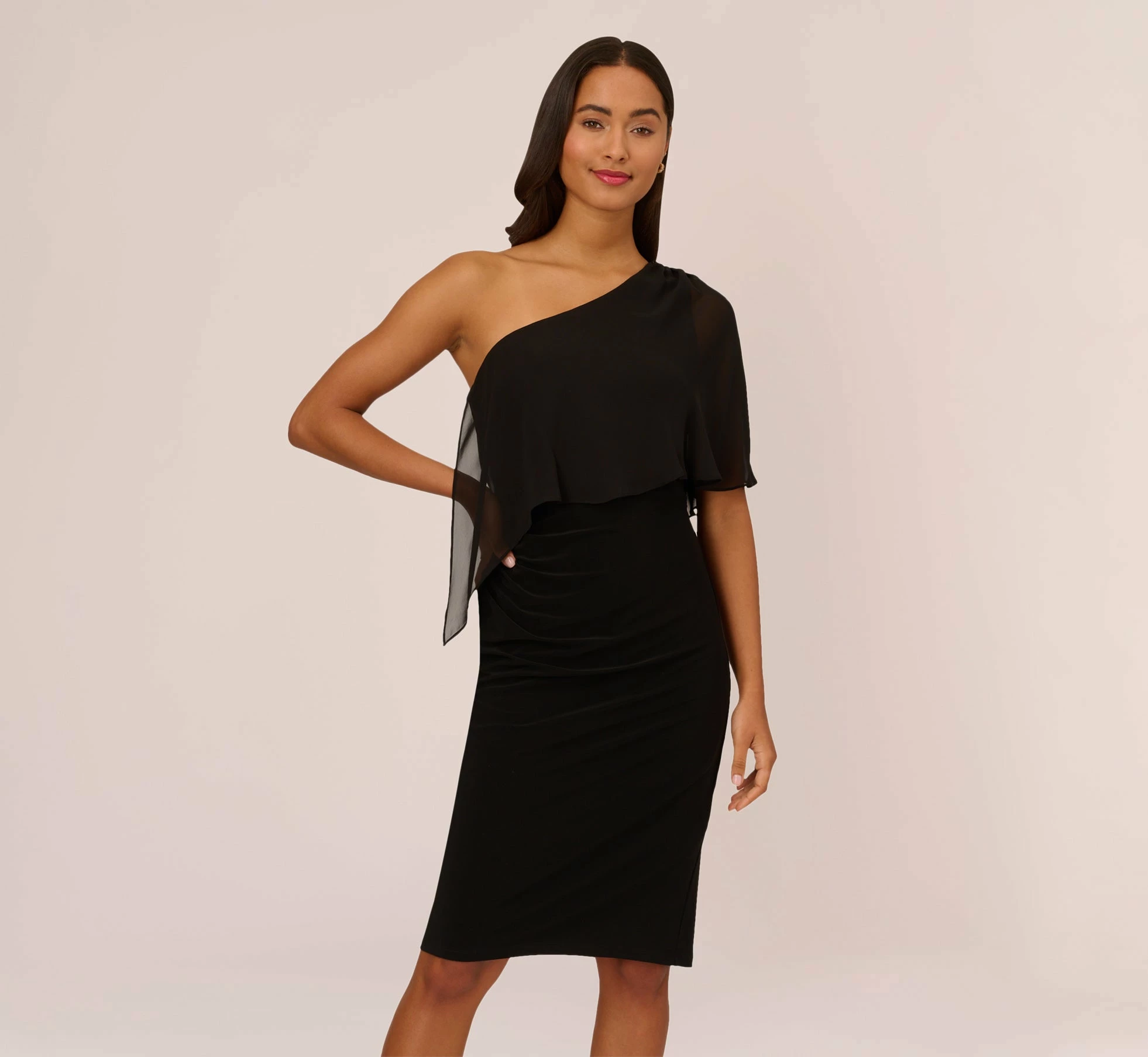 Adrianna Papell One Shoulder Dress With Chiffon Cape In Black 1 Adrianna Papell One Shoulder Dress With Chiffon Cape In Black