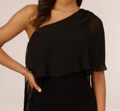 Adrianna Papell One Shoulder Dress With Chiffon Cape In Black 12 Adrianna Papell One Shoulder Dress With Chiffon Cape In Black -Adrianna Papell Shop AP1D104997 AA002 Regular Detail