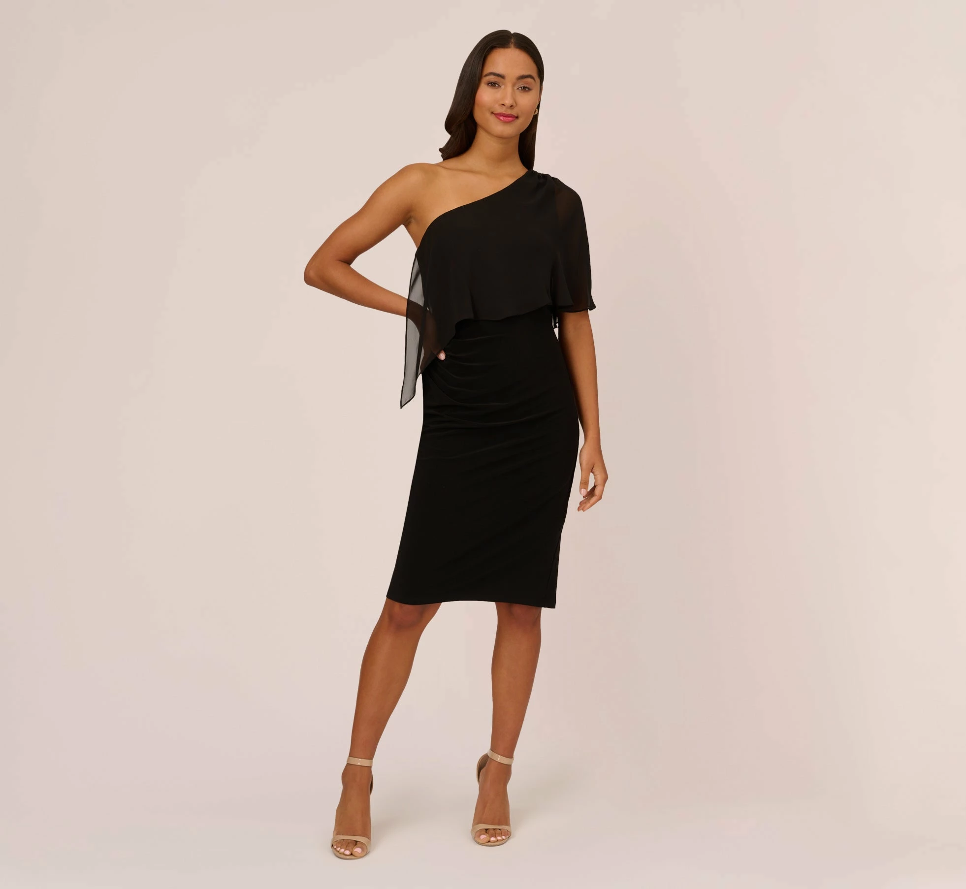 Adrianna Papell One Shoulder Dress With Chiffon Cape In Black 8 Adrianna Papell One Shoulder Dress With Chiffon Cape In Black - Image 8