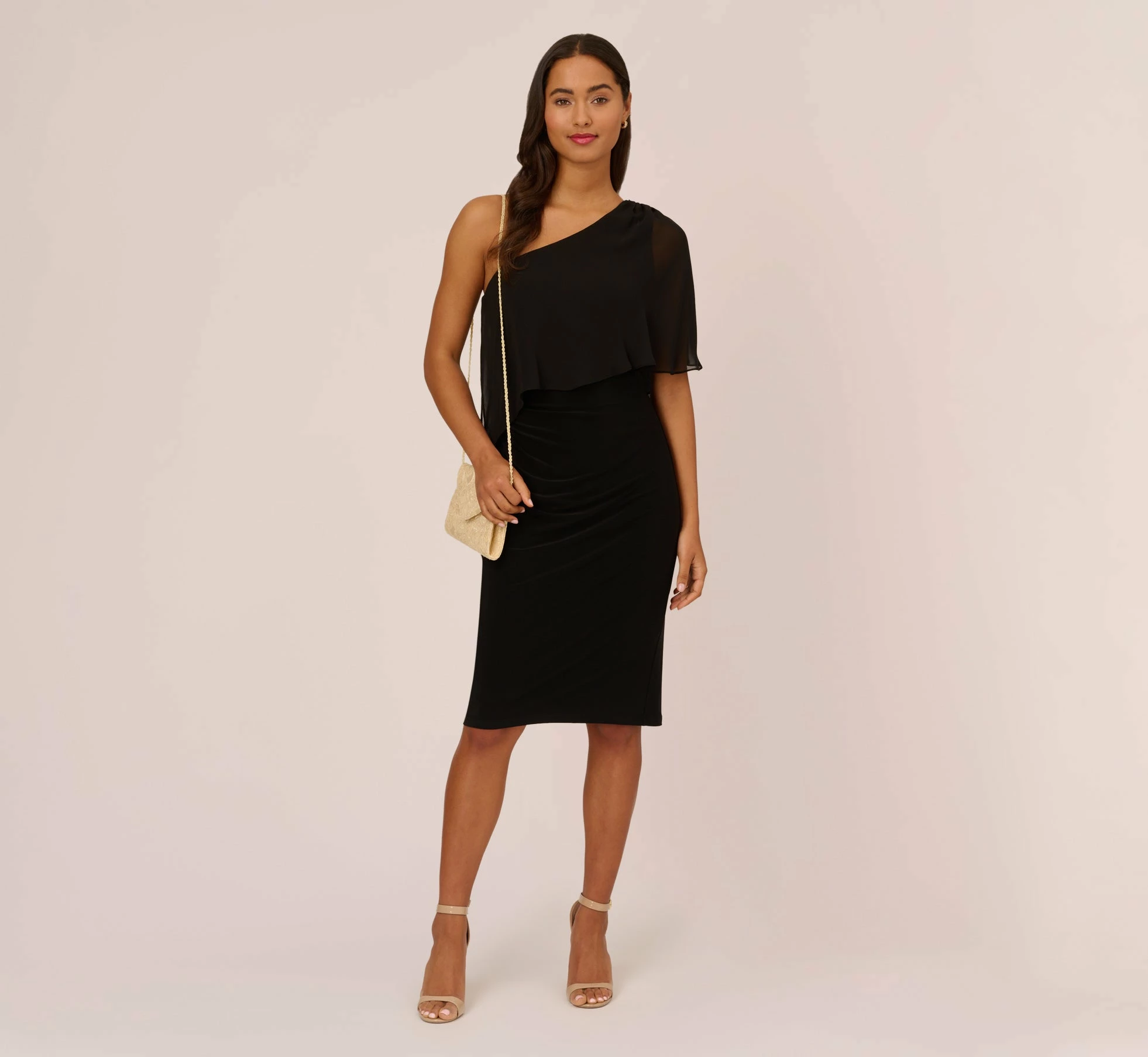 Adrianna Papell One Shoulder Dress With Chiffon Cape In Black 2 Adrianna Papell One Shoulder Dress With Chiffon Cape In Black - Image 2