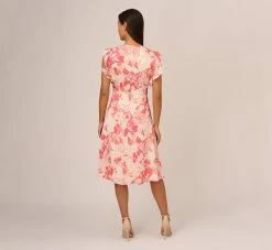 Adrianna Papell Floral Printed Midi Dress With Flutter Sleeves In Coral Ecru -Adrianna Papell Shop AP1D105004 AE952 Regular Back