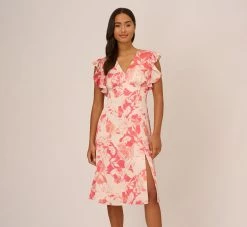 Adrianna Papell Floral Printed Midi Dress With Flutter Sleeves In Coral Ecru -Adrianna Papell Shop AP1D105004 AE952 Regular Default c4694982 5b80 48df 8a87 c9a353493923