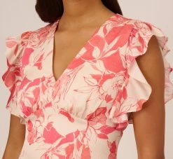 Adrianna Papell Floral Printed Midi Dress With Flutter Sleeves In Coral Ecru -Adrianna Papell Shop AP1D105004 AE952 Regular Detail