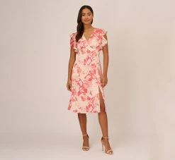 Adrianna Papell Floral Printed Midi Dress With Flutter Sleeves In Coral Ecru -Adrianna Papell Shop AP1D105004 AE952 Regular Front
