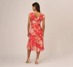 Adrianna Papell Floral Print Midi Dress With Twist Neckline In Coral Multi -Adrianna Papell Shop AP1D105006 AA955 Regular Back