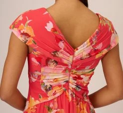 Adrianna Papell Floral Print Midi Dress With Twist Neckline In Coral Multi -Adrianna Papell Shop AP1D105006 AA955 Regular Lifestyle