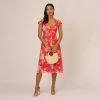 Adrianna Papell Floral Print Midi Dress With Twist Neckline In Coral Multi