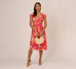 Adrianna Papell Floral Print Midi Dress With Twist Neckline In Coral Multi