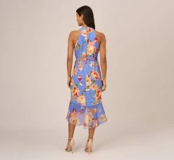 Adrianna Papell Floral Print Faux Wrap Halter Dress With Ruffle Details In Peri Multi 11 Adrianna Papell Floral Print Faux Wrap Halter Dress With Ruffle Details In Peri Multi -Adrianna Papell Shop AP1D105007 AC494 Regular Back