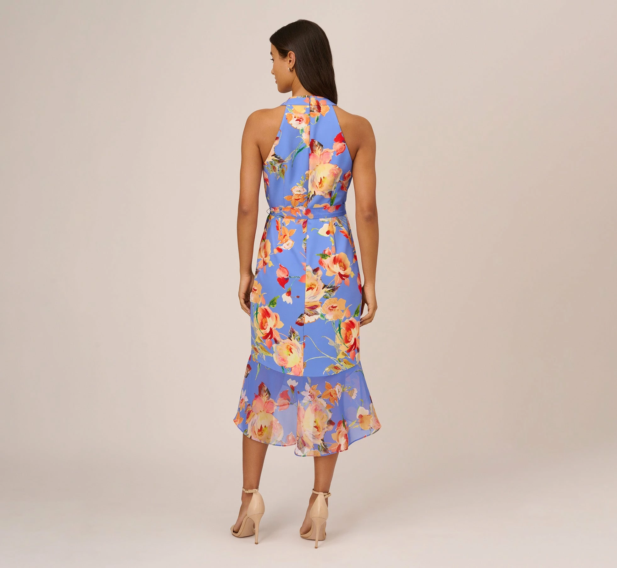 Adrianna Papell Floral Print Faux Wrap Halter Dress With Ruffle Details In Peri Multi 4 Adrianna Papell Floral Print Faux Wrap Halter Dress With Ruffle Details In Peri Multi - Image 4