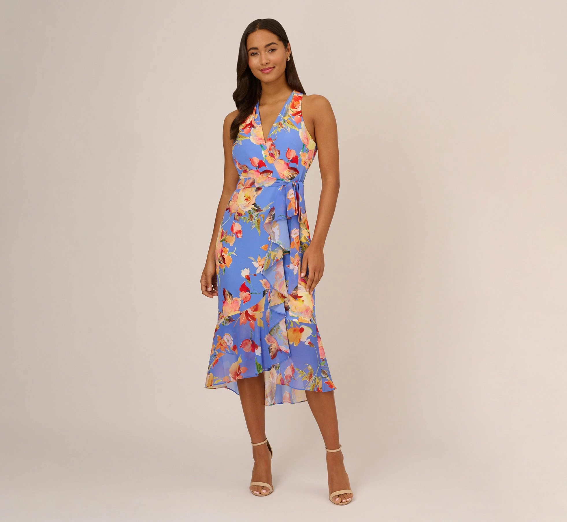 Adrianna Papell Floral Print Faux Wrap Halter Dress With Ruffle Details In Peri Multi 2 Adrianna Papell Floral Print Faux Wrap Halter Dress With Ruffle Details In Peri Multi - Image 2